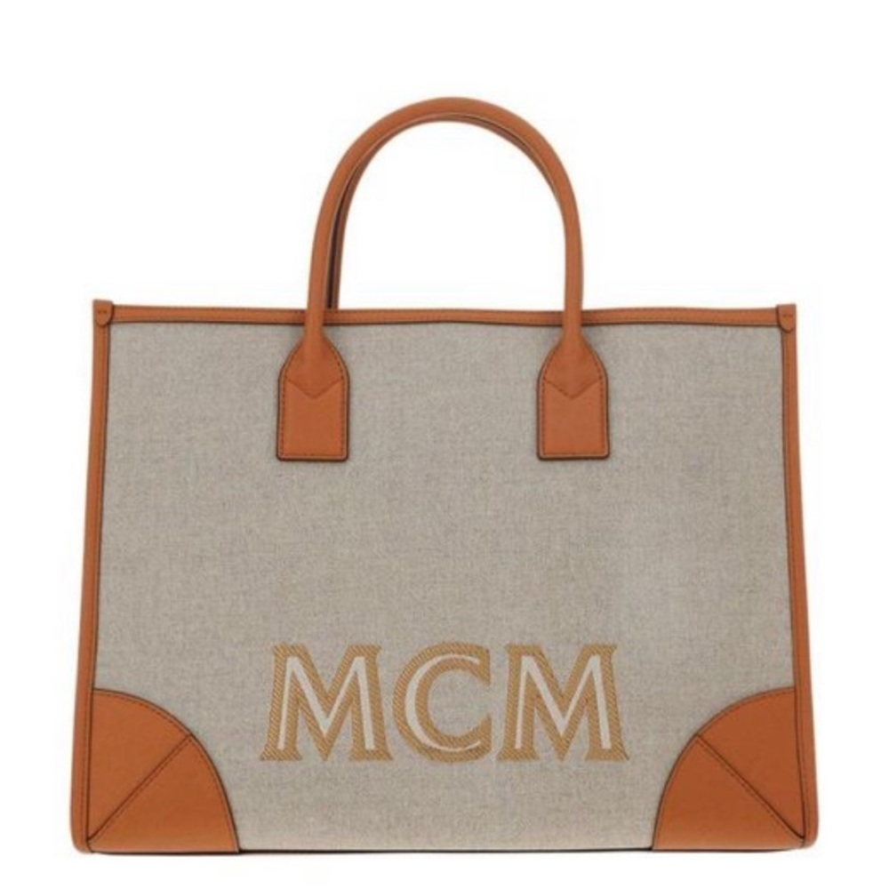 MCM Munchen  Tote- color- Natural/ Cognac-Canvas, Spanish leather Trim- NEW